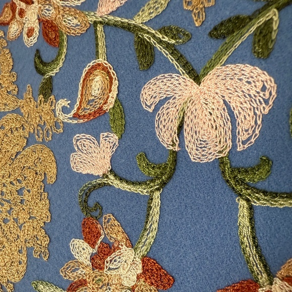 Blue Embroidered Wool Blend Scarf Made in Nepal – Floral Golden Tapestry Wrap - Picture 8 of 9